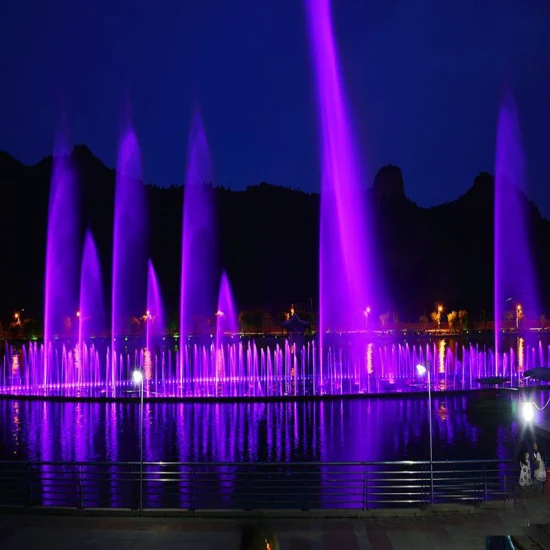 Fontaine carrée musicale en acier inoxydable, fontaine à jet laminaire, fontaine extérieure, fontaine musicale dansante avec spectacle de lumière laser, DMX521, RVB
